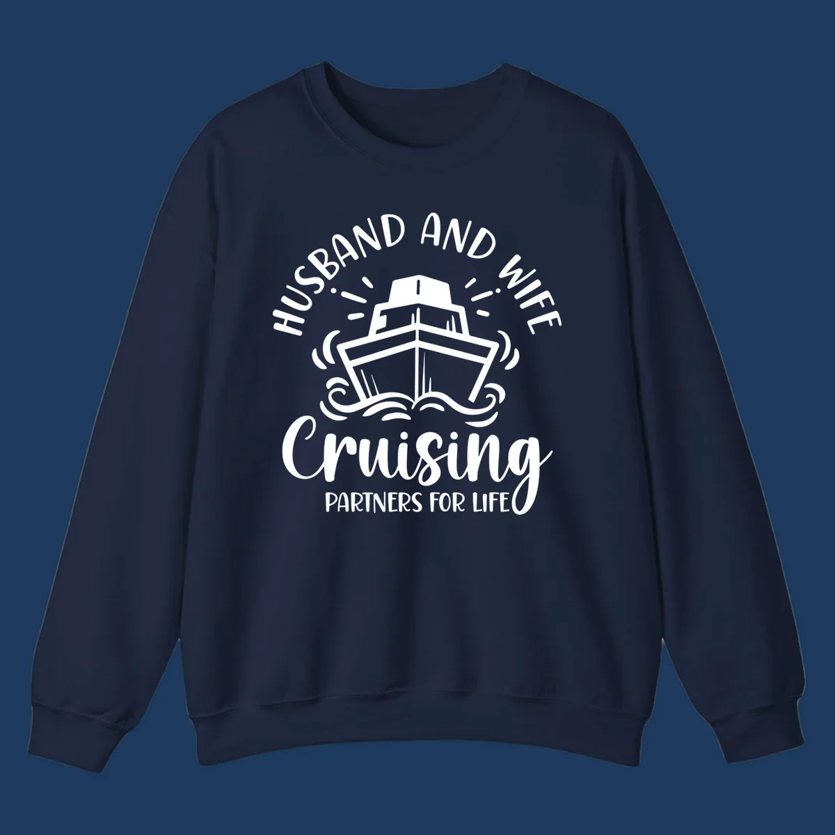 Husband and wife cruise partners design with cruise ship, ocean waves, and radiating lines on gray background