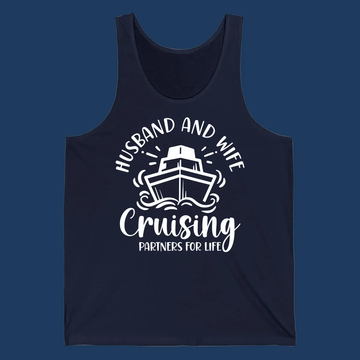 Husband and wife cruise partners design with cruise ship, ocean waves, and radiating lines on gray background