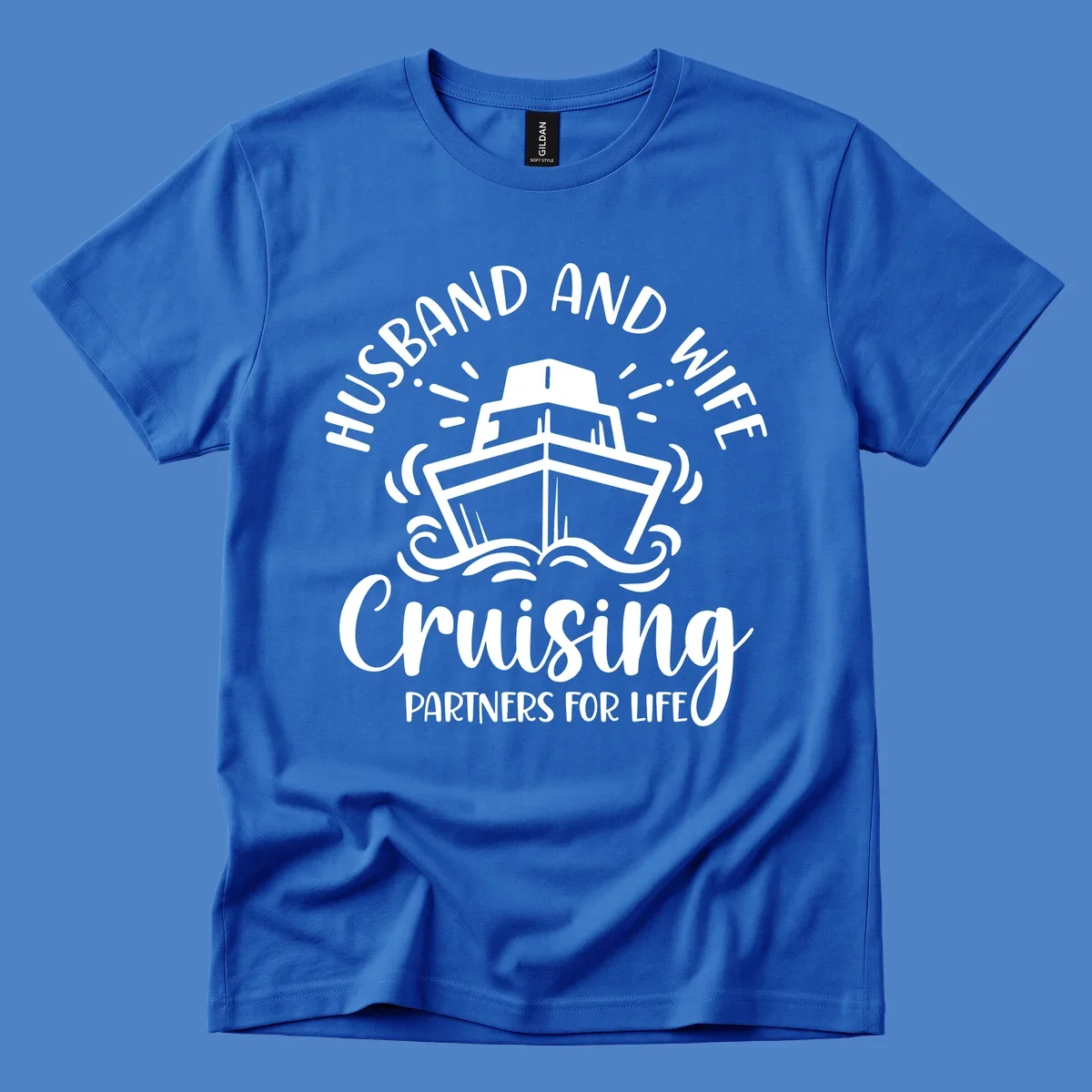 Husband and wife cruise partners design with cruise ship, ocean waves, and radiating lines on gray background