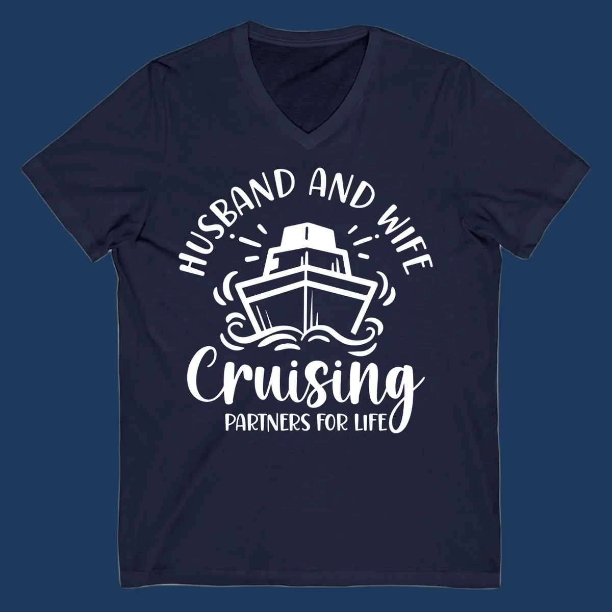 Husband and wife cruise partners design with cruise ship, ocean waves, and radiating lines on gray background