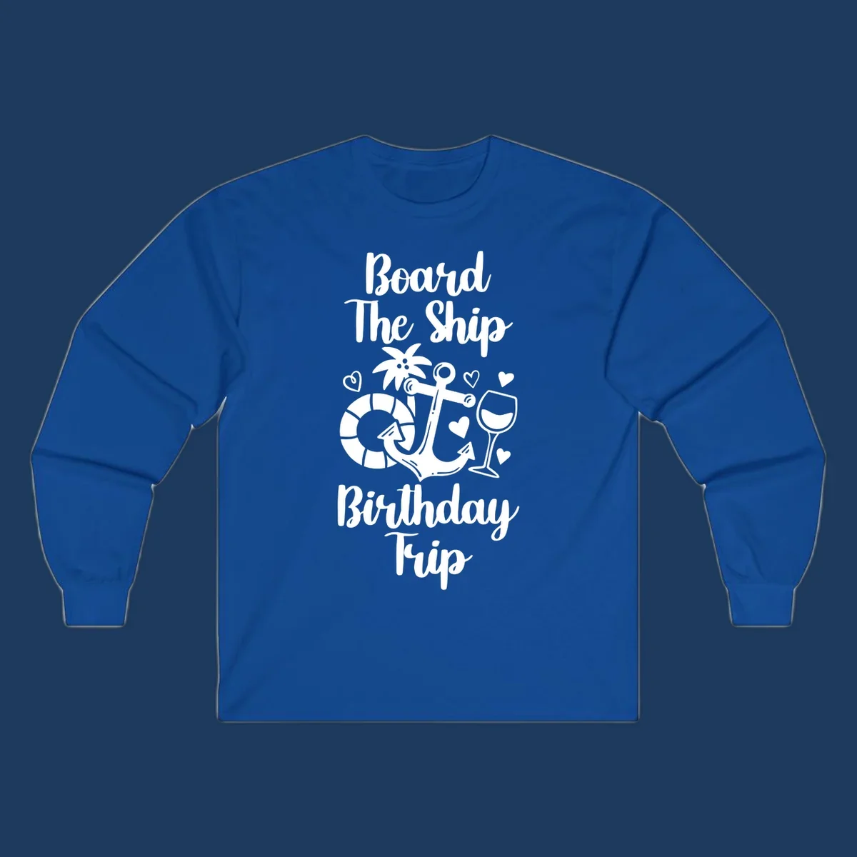 Board the ship birthday trip nautical design with anchor, life preserver, palm tree, wine glass and hearts on gray background