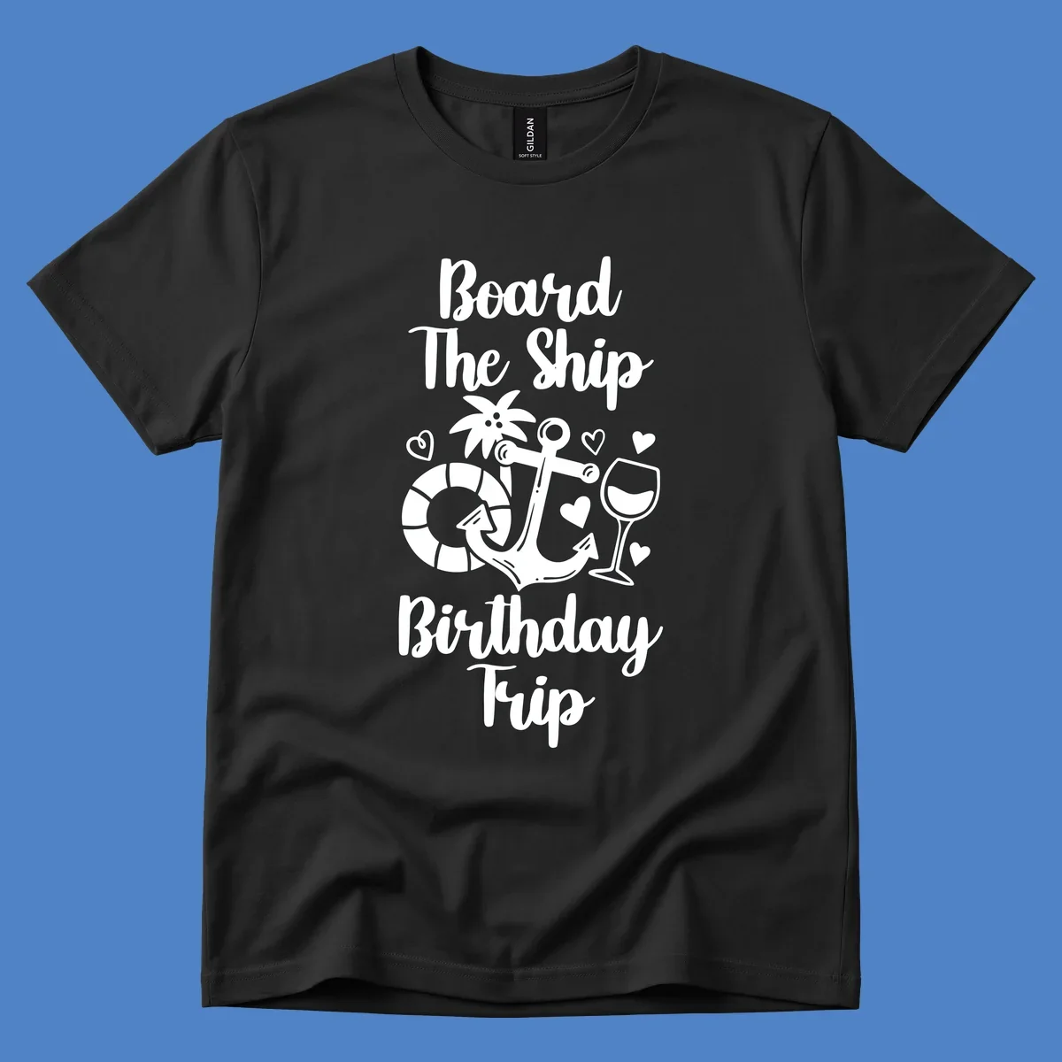 Board the ship birthday trip nautical design with anchor, life preserver, palm tree, wine glass and hearts on gray background