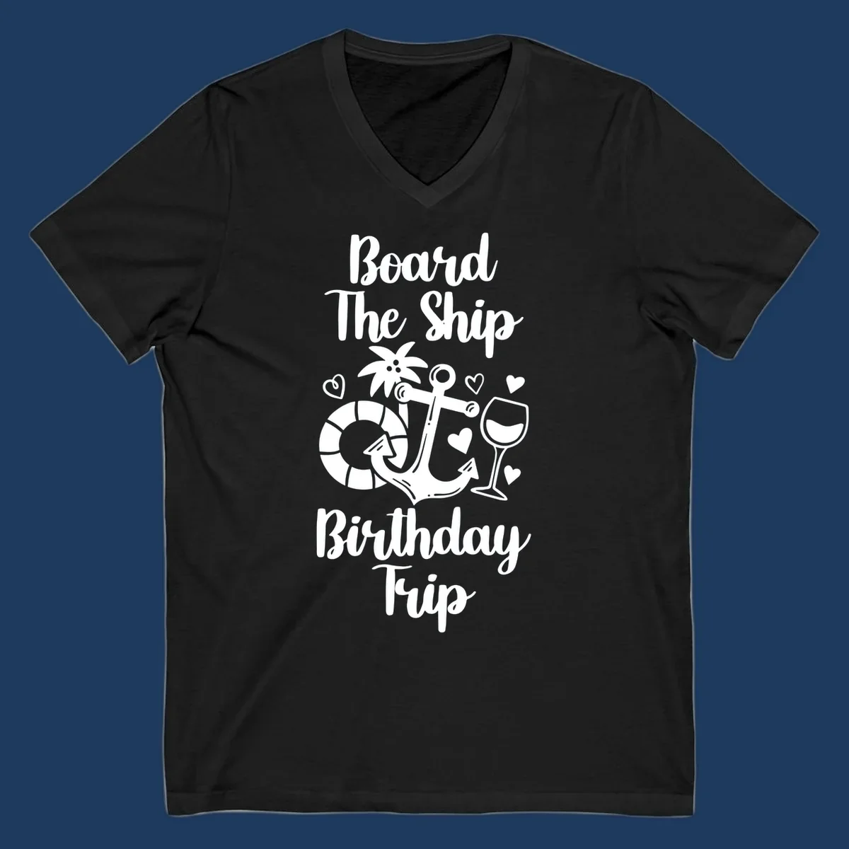 Board the ship birthday trip nautical design with anchor, life preserver, palm tree, wine glass and hearts on gray background