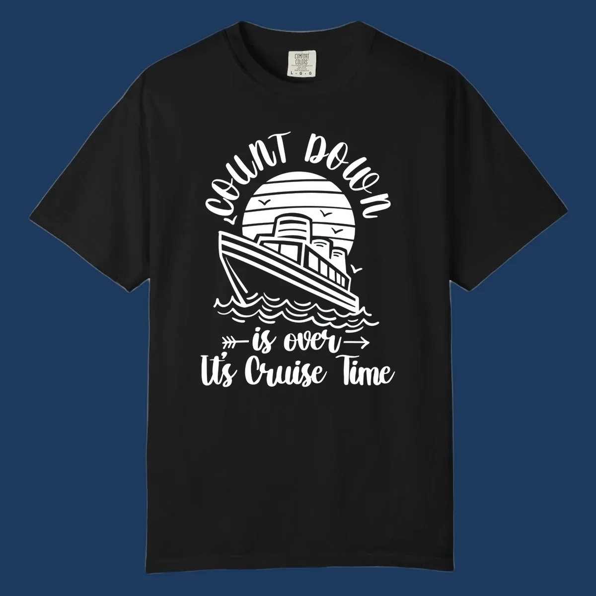Vintage cruise ship with ocean waves and seagulls, text reads 'Lobster Do You Want Us Over is over Ute Cruise Time' with decorative arrows on gray background.