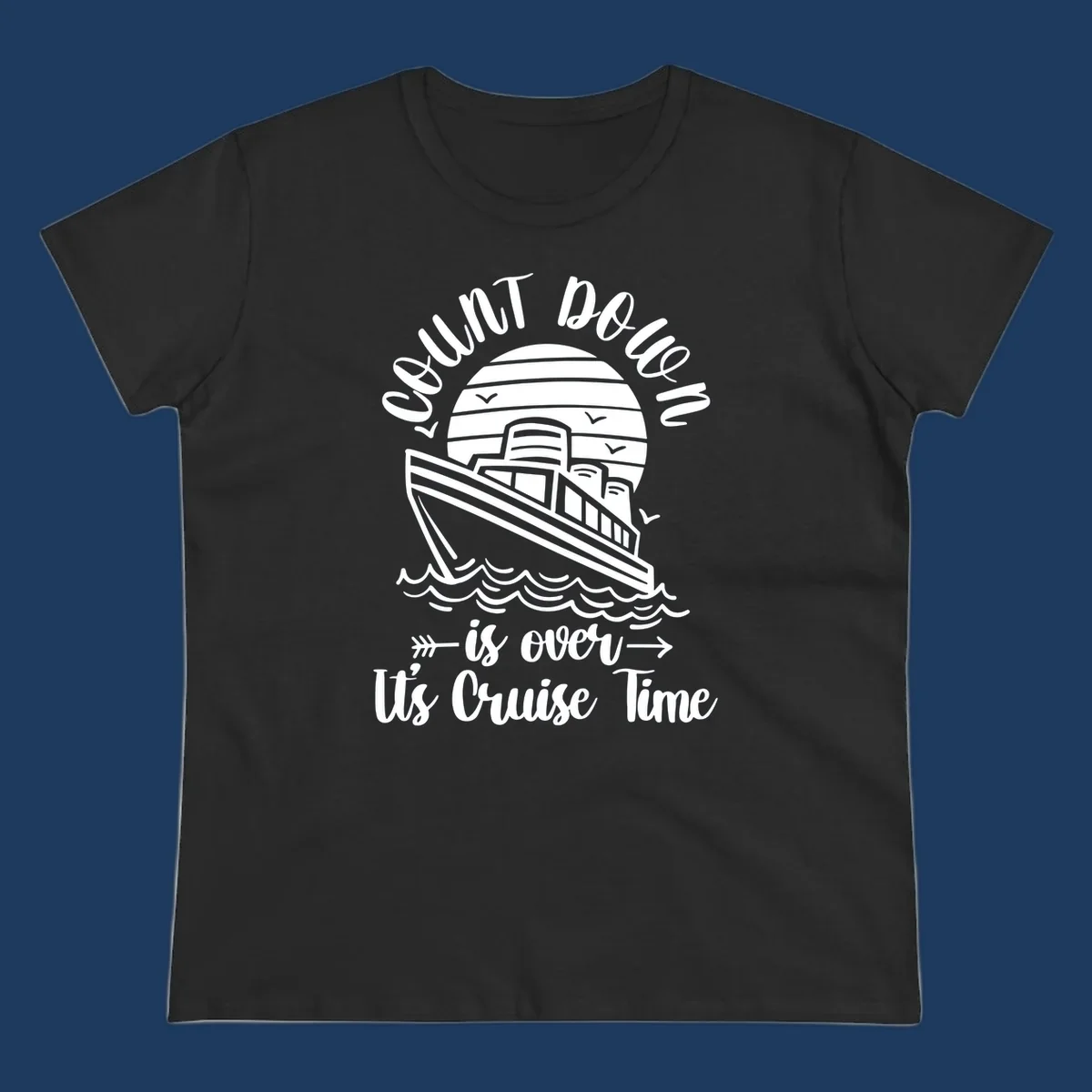 Vintage cruise ship with ocean waves and seagulls, text reads 'Lobster Do You Want Us Over is over Ute Cruise Time' with decorative arrows on gray background.
