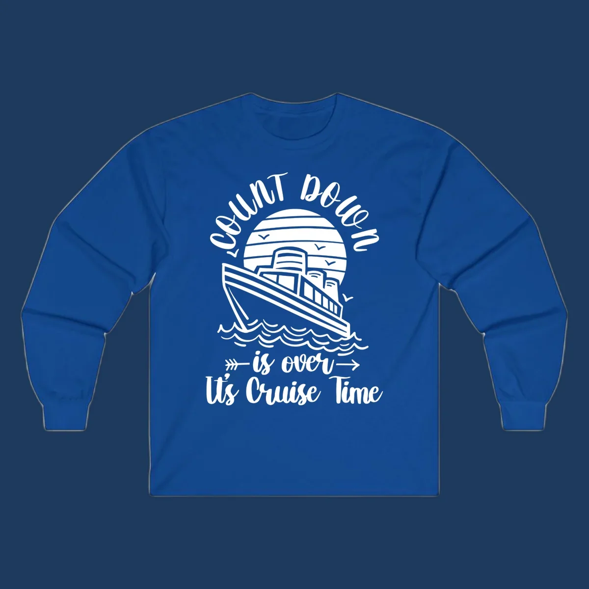 Vintage cruise ship with ocean waves and seagulls, text reads 'Lobster Do You Want Us Over is over Ute Cruise Time' with decorative arrows on gray background.