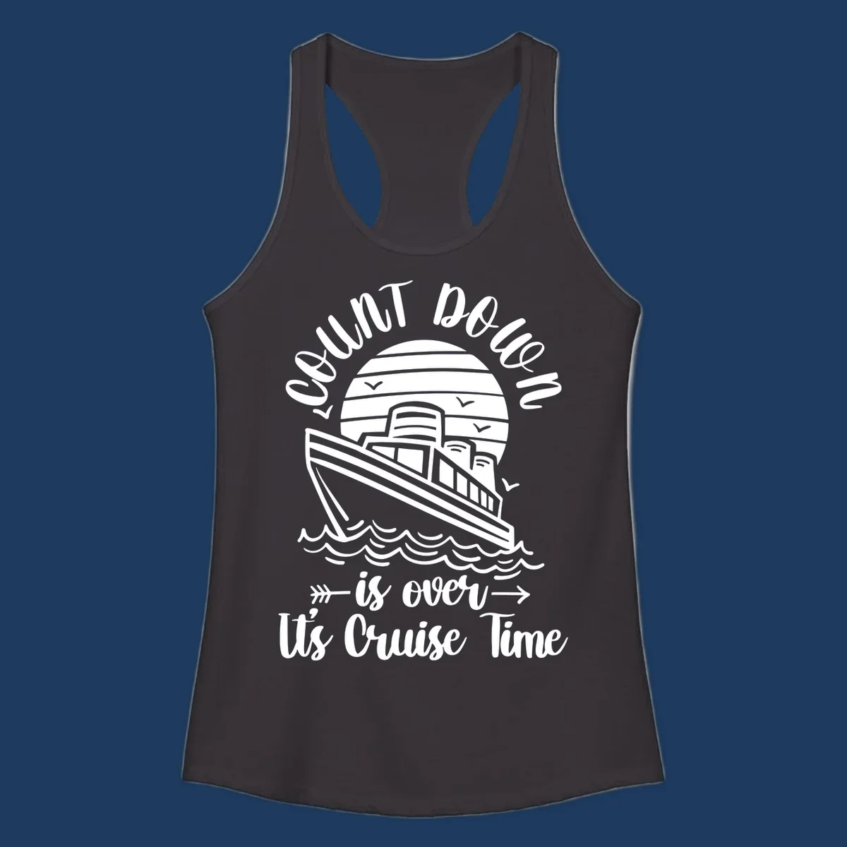Vintage cruise ship with ocean waves and seagulls, text reads 'Lobster Do You Want Us Over is over Ute Cruise Time' with decorative arrows on gray background.