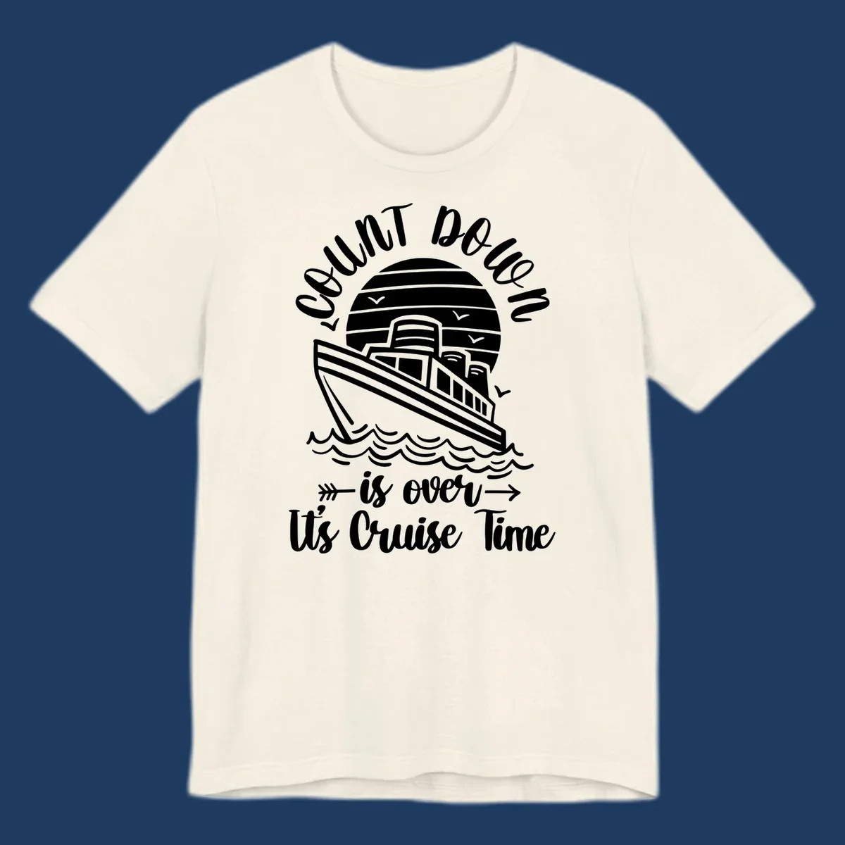 Vintage cruise ship with ocean waves and seagulls, text reads 'Lobster Do You Want Us Over is over Ute Cruise Time' with decorative arrows on gray background.