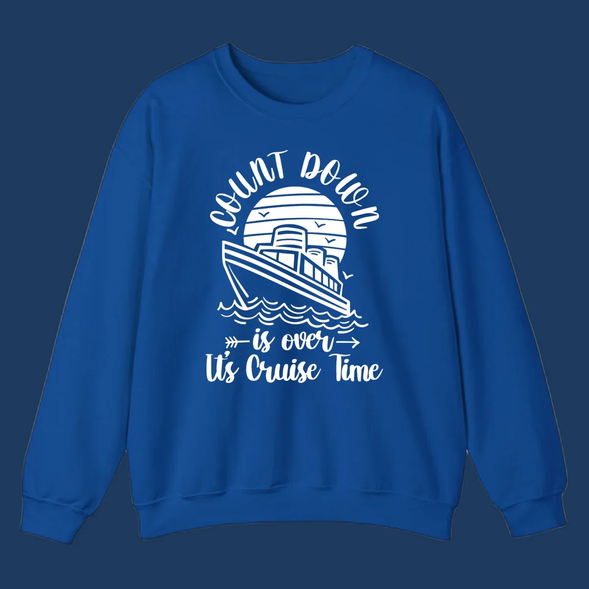 Vintage cruise ship with ocean waves and seagulls, text reads 'Lobster Do You Want Us Over is over Ute Cruise Time' with decorative arrows on gray background.