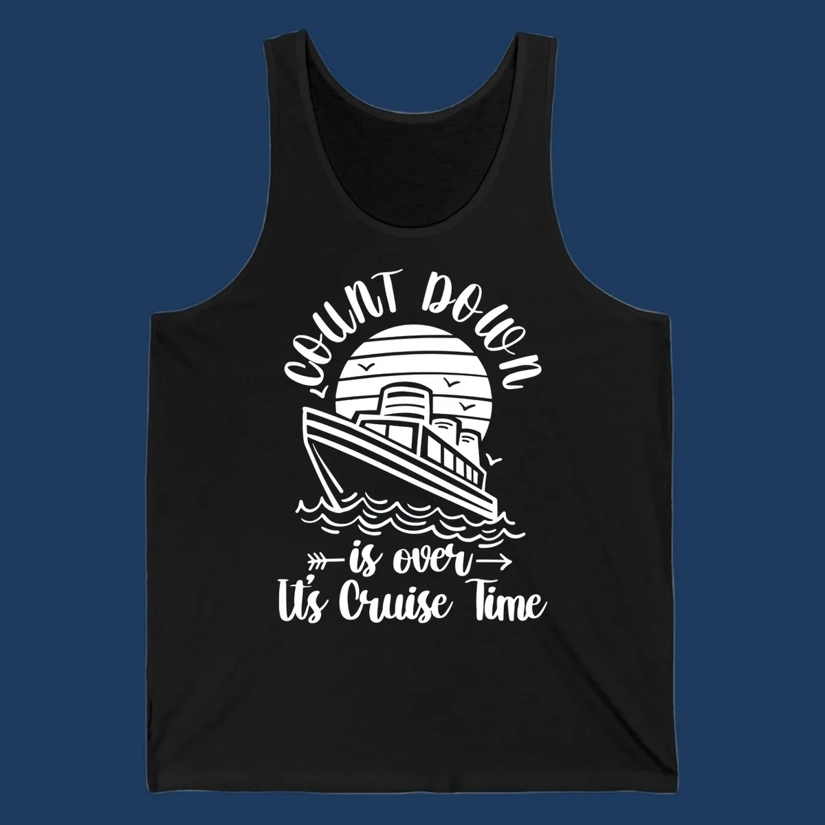 Vintage cruise ship with ocean waves and seagulls, text reads 'Lobster Do You Want Us Over is over Ute Cruise Time' with decorative arrows on gray background.