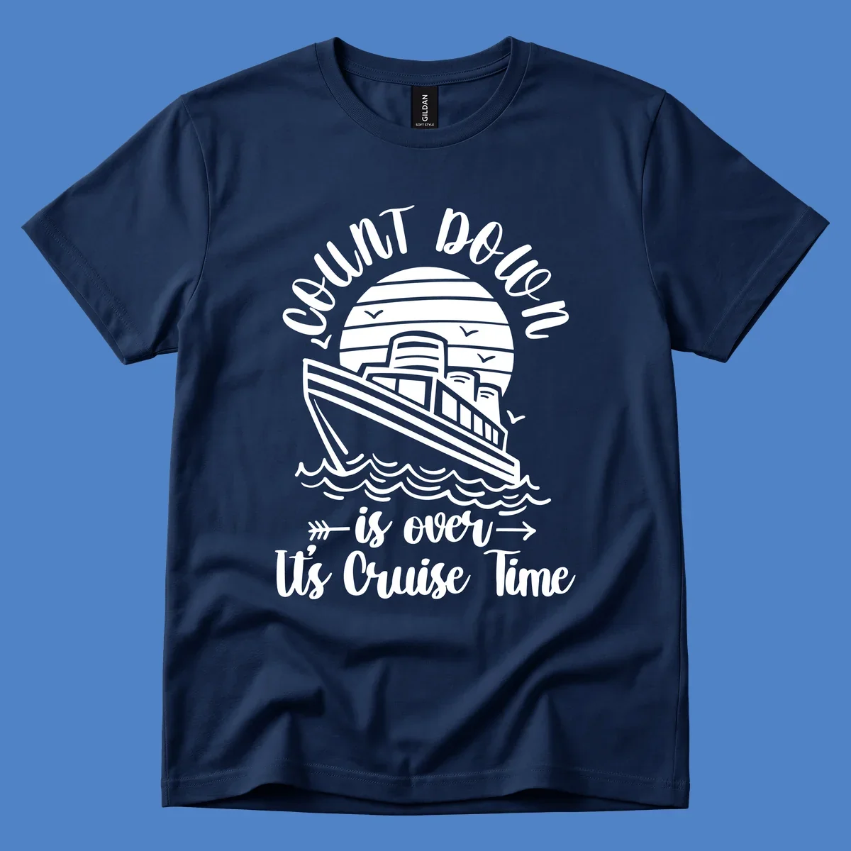 Vintage cruise ship with ocean waves and seagulls, text reads 'Lobster Do You Want Us Over is over Ute Cruise Time' with decorative arrows on gray background.
