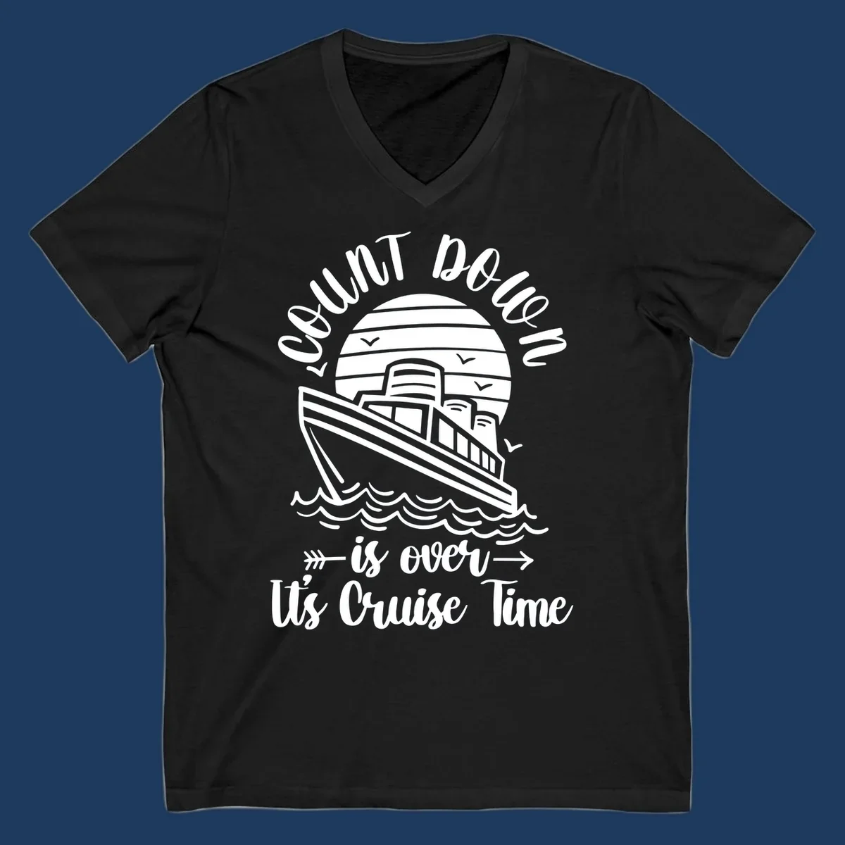 Vintage cruise ship with ocean waves and seagulls, text reads 'Lobster Do You Want Us Over is over Ute Cruise Time' with decorative arrows on gray background.
