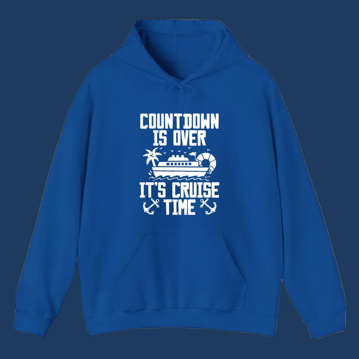 Countdown is over it's cruise time design with cruise ship, palm tree, beach ball, and anchors on gray background