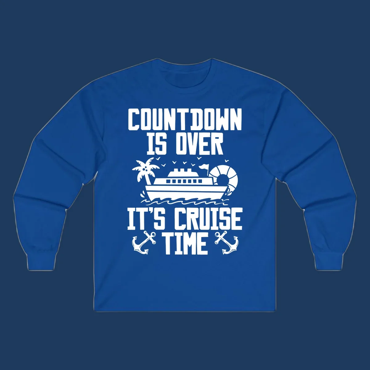 Countdown is over it's cruise time design with cruise ship, palm tree, beach ball, and anchors on gray background