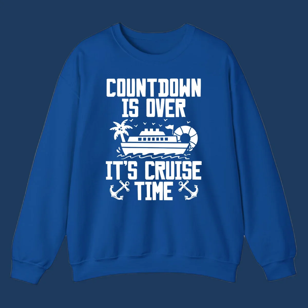 Countdown is over it's cruise time design with cruise ship, palm tree, beach ball, and anchors on gray background