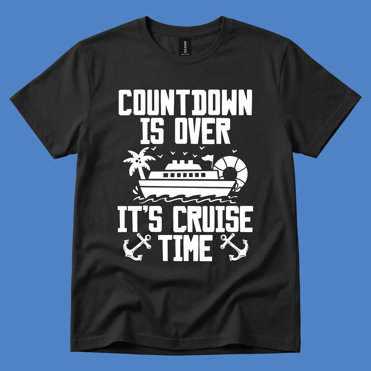 Countdown is over it's cruise time design with cruise ship, palm tree, beach ball, and anchors on gray background