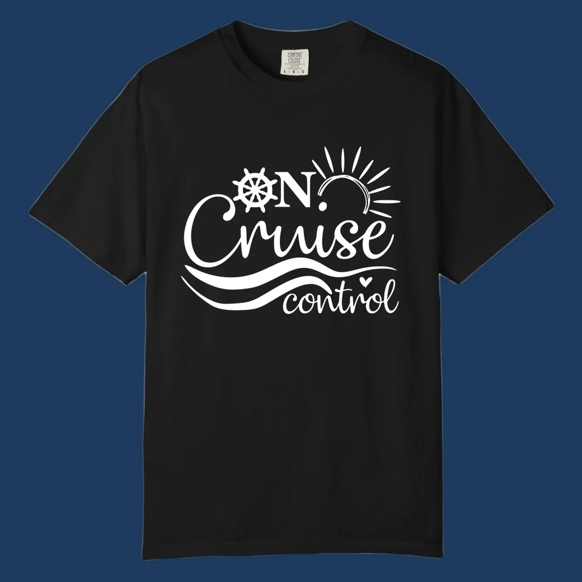 White nautical design with ship wheel, sun rays, and ocean waves surrounding 'ON CRUISE control' text on gray background