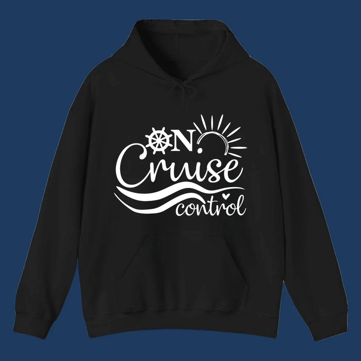 White nautical design with ship wheel, sun rays, and ocean waves surrounding 'ON CRUISE control' text on gray background