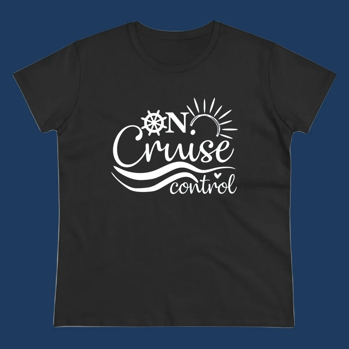 White nautical design with ship wheel, sun rays, and ocean waves surrounding 'ON CRUISE control' text on gray background