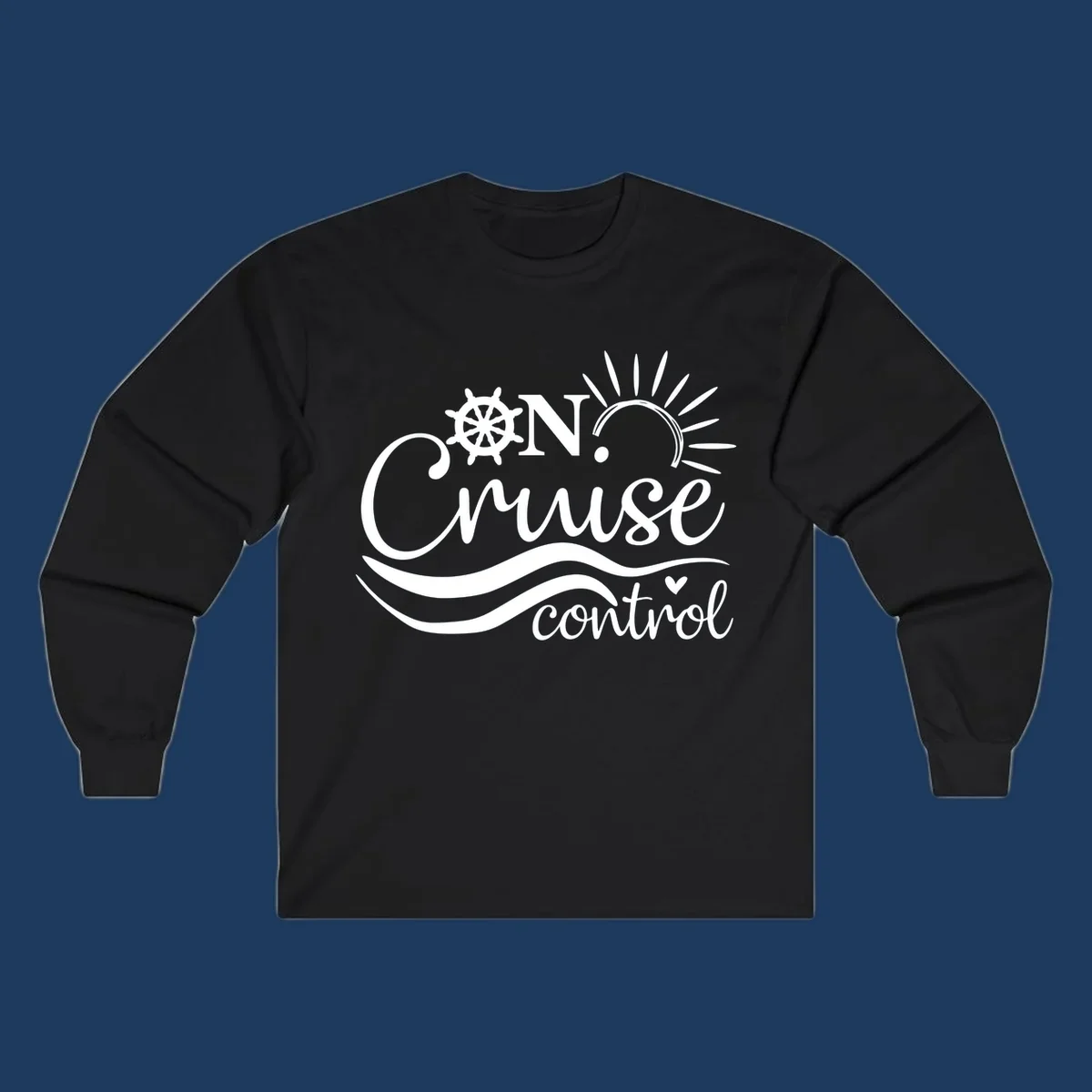 White nautical design with ship wheel, sun rays, and ocean waves surrounding 'ON CRUISE control' text on gray background