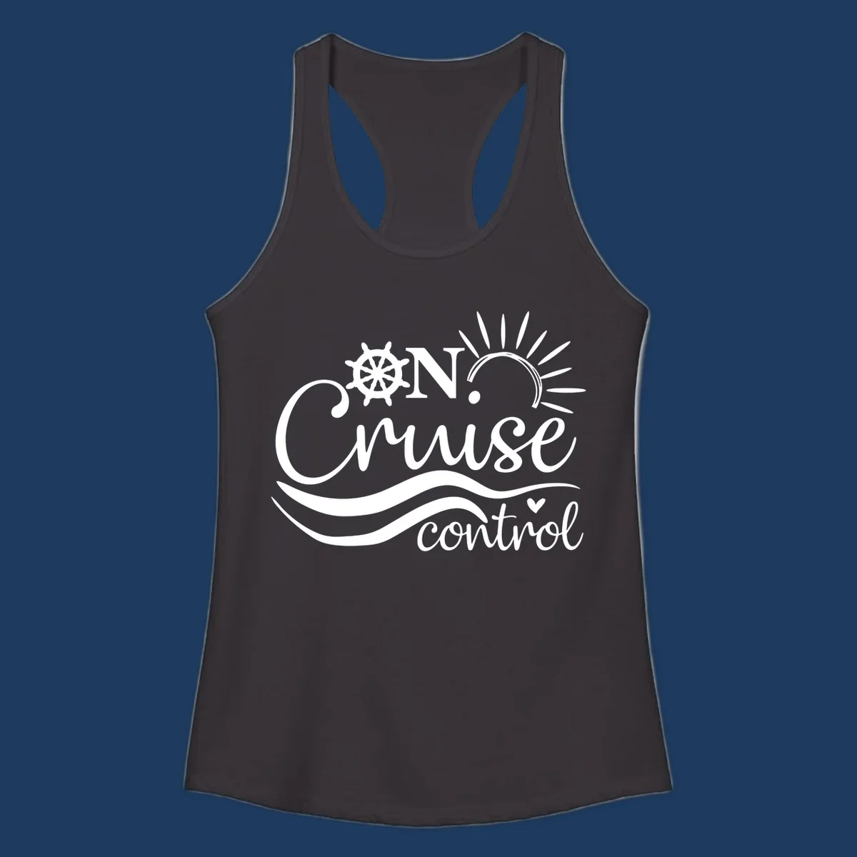 White nautical design with ship wheel, sun rays, and ocean waves surrounding 'ON CRUISE control' text on gray background