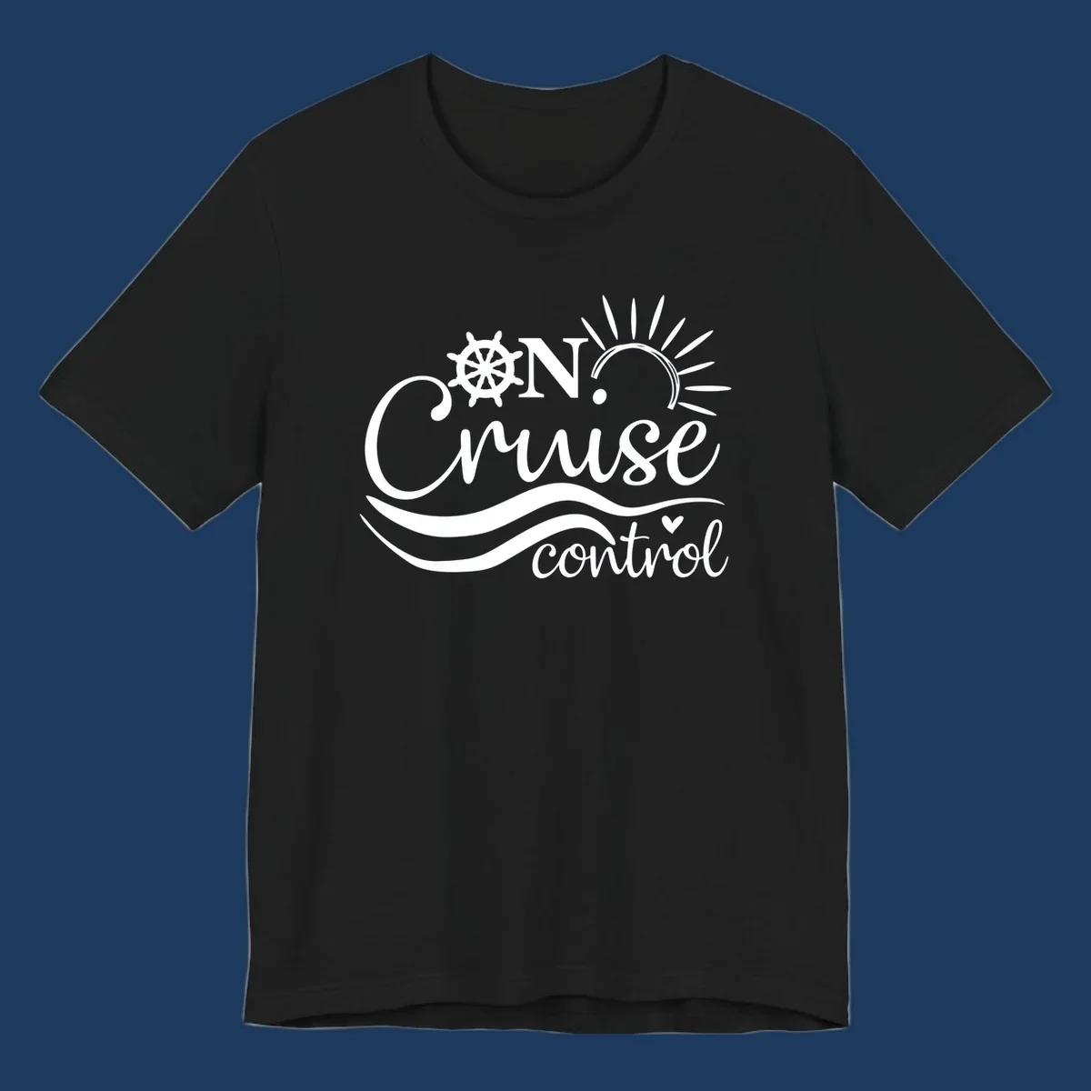 White nautical design with ship wheel, sun rays, and ocean waves surrounding 'ON CRUISE control' text on gray background