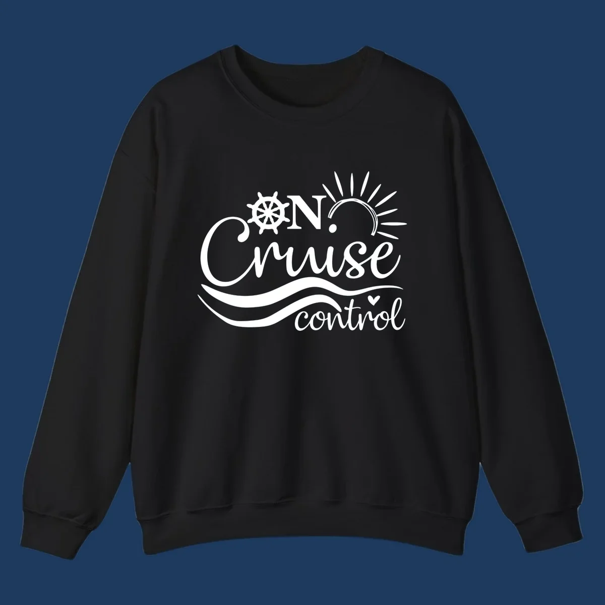 White nautical design with ship wheel, sun rays, and ocean waves surrounding 'ON CRUISE control' text on gray background