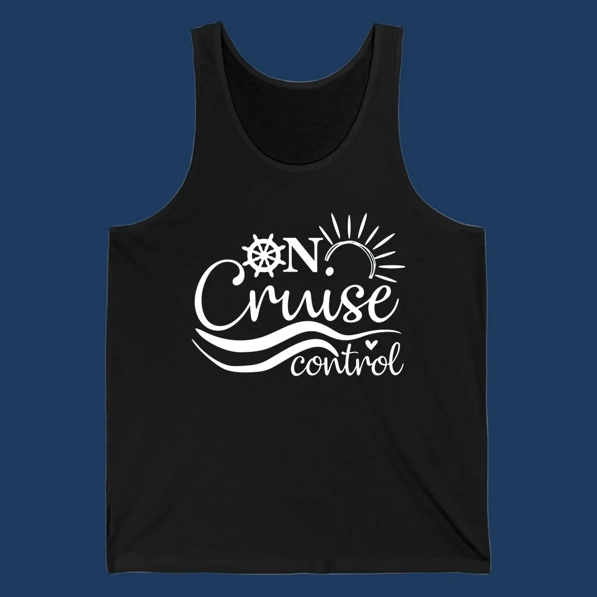 White nautical design with ship wheel, sun rays, and ocean waves surrounding 'ON CRUISE control' text on gray background