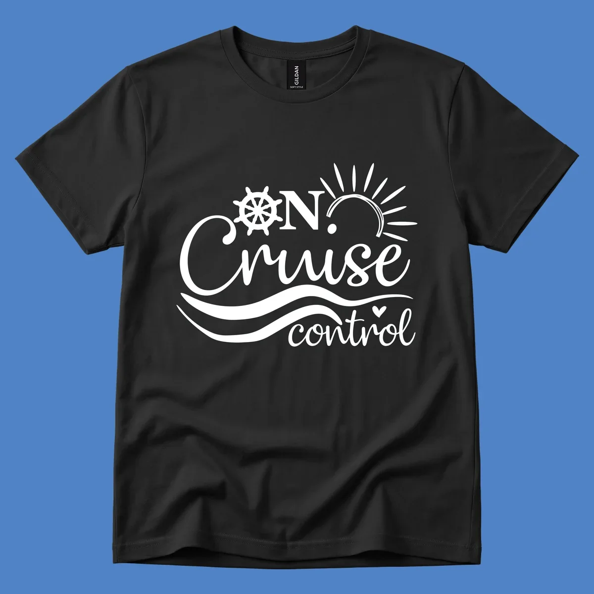White nautical design with ship wheel, sun rays, and ocean waves surrounding 'ON CRUISE control' text on gray background