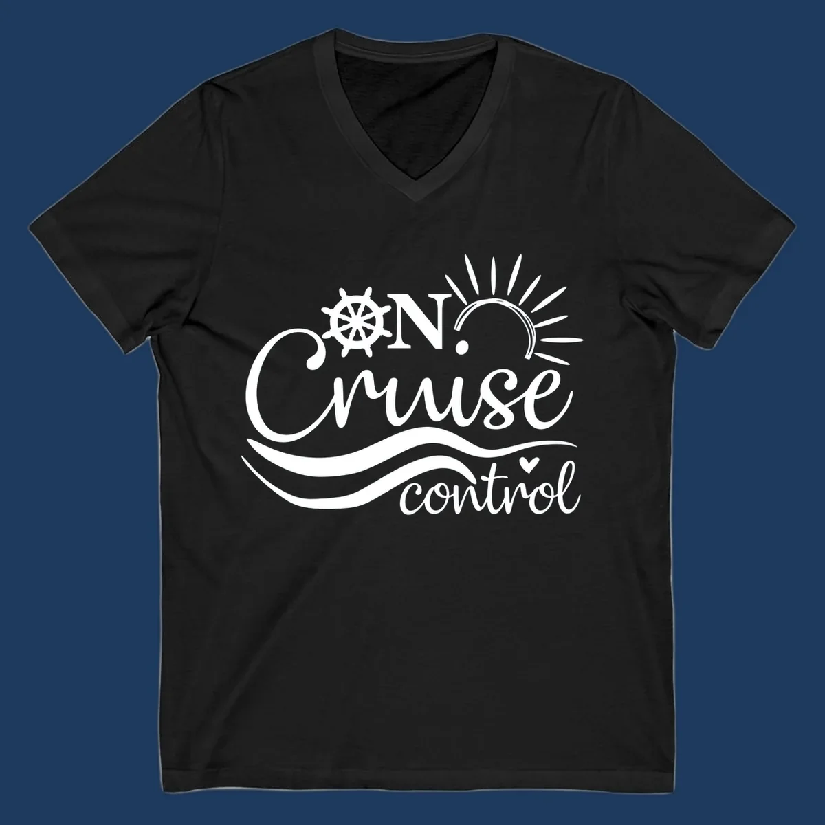 White nautical design with ship wheel, sun rays, and ocean waves surrounding 'ON CRUISE control' text on gray background