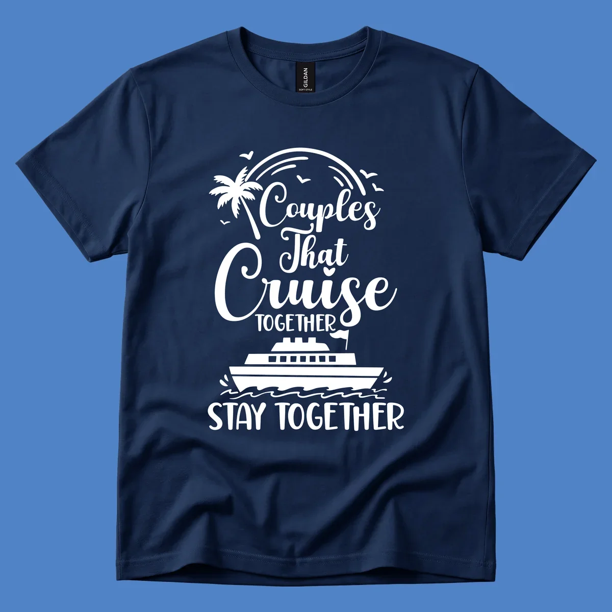 White couples-cruise-together design with palm tree, cruise ship, and ocean waves on gray background