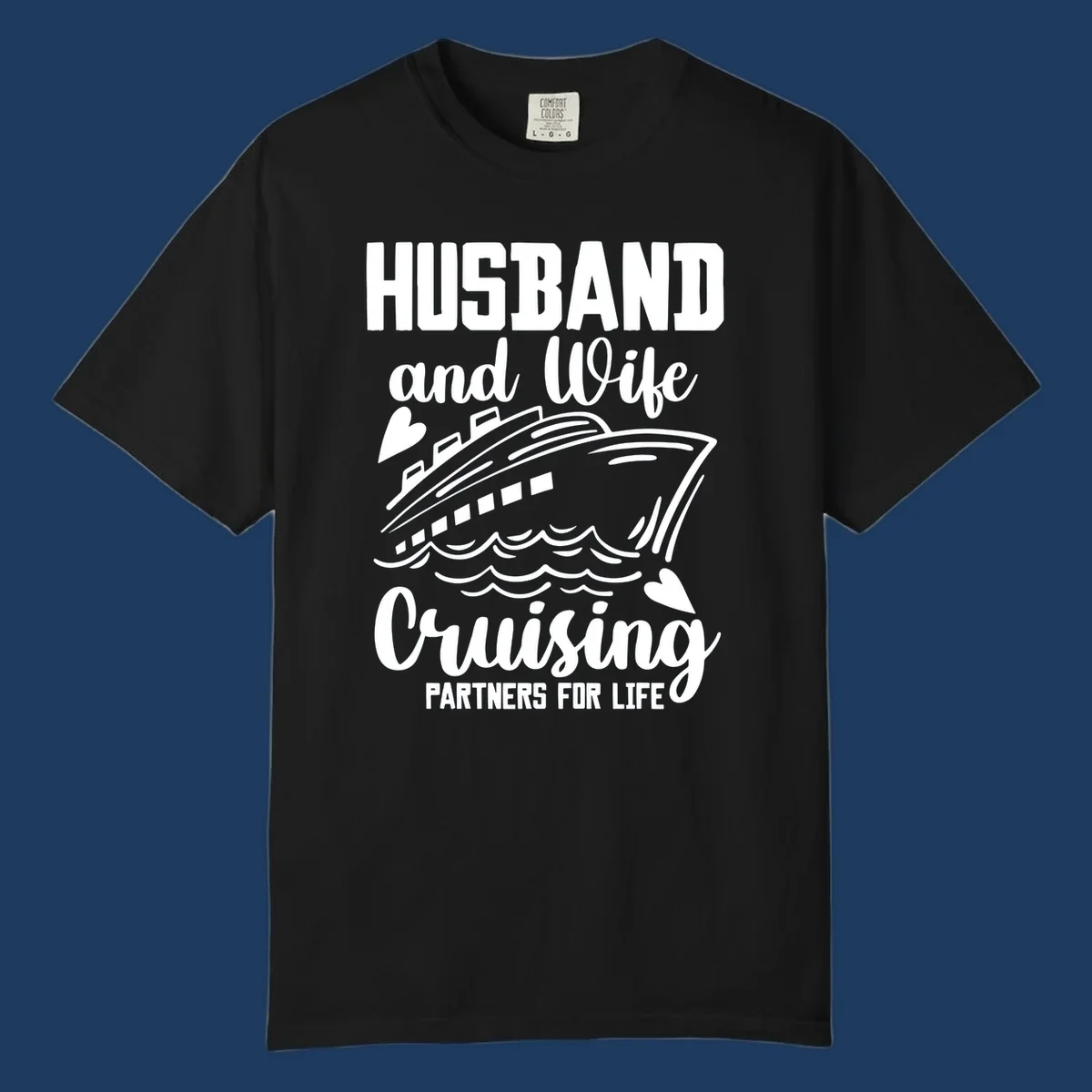 Husband and wife cruise partners design with ship and ocean waves illustration
