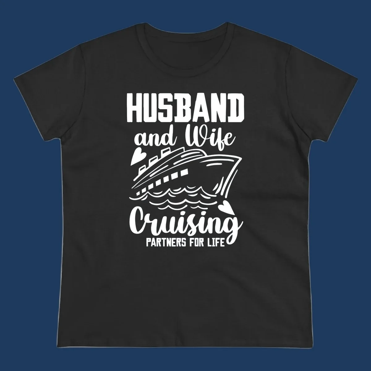 Husband and wife cruise partners design with ship and ocean waves illustration