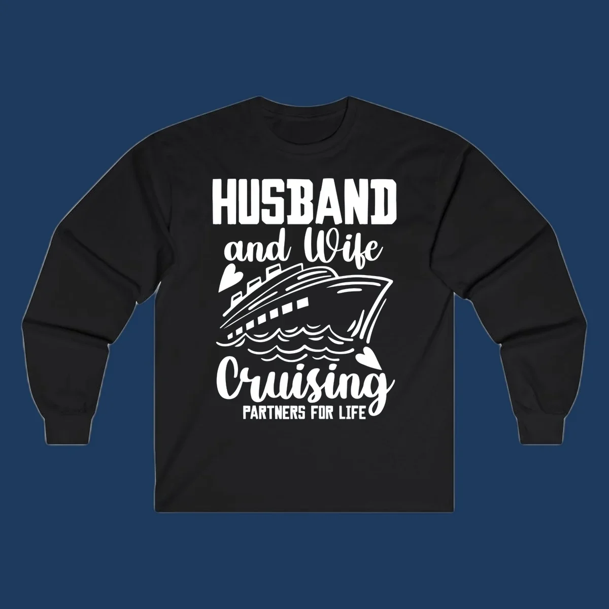 Husband and wife cruise partners design with ship and ocean waves illustration