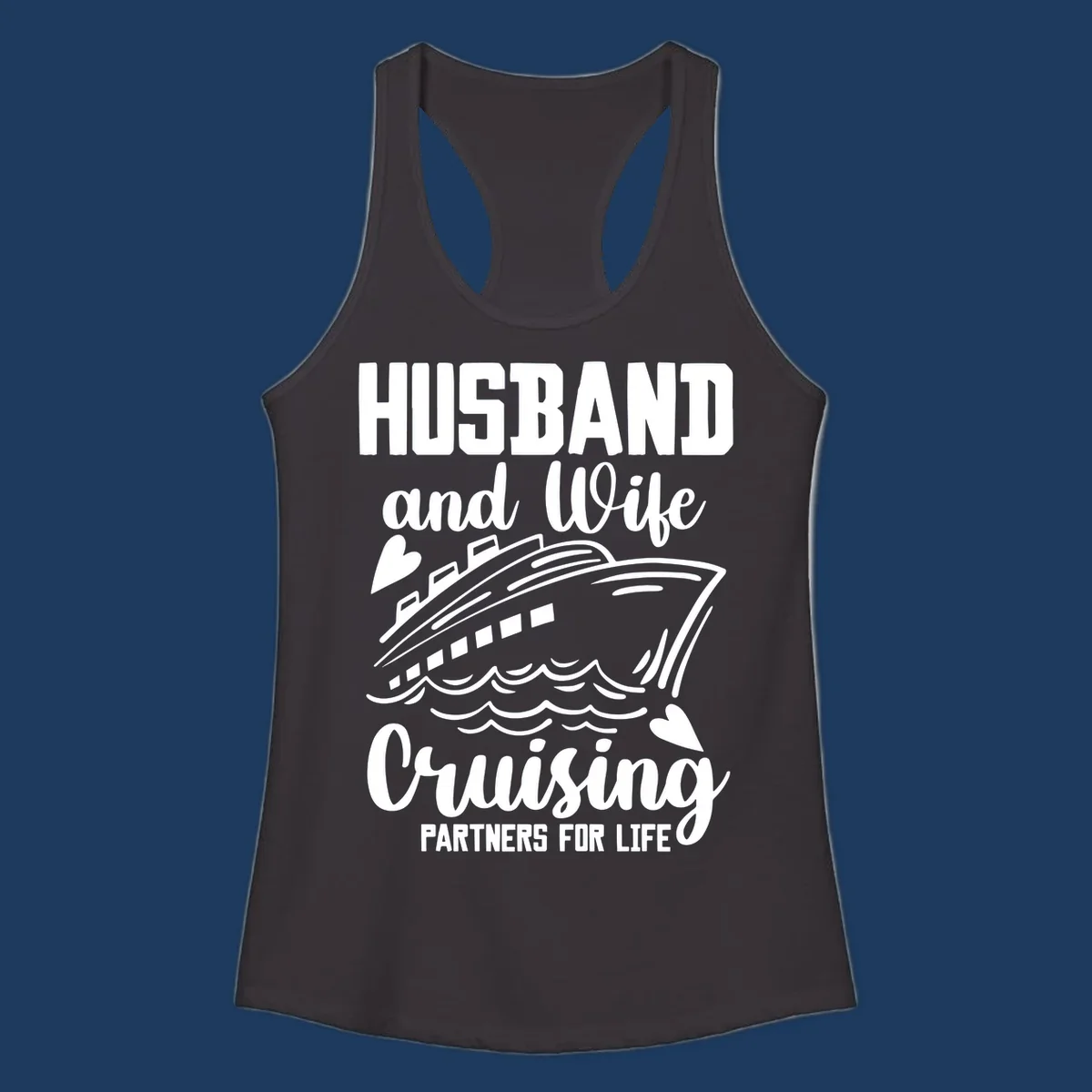 Husband and wife cruise partners design with ship and ocean waves illustration
