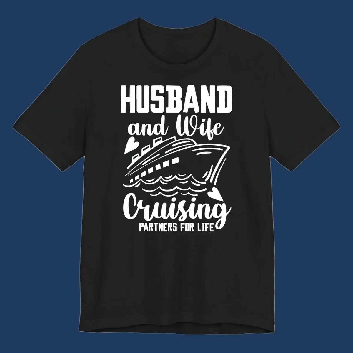 Husband and wife cruise partners design with ship and ocean waves illustration