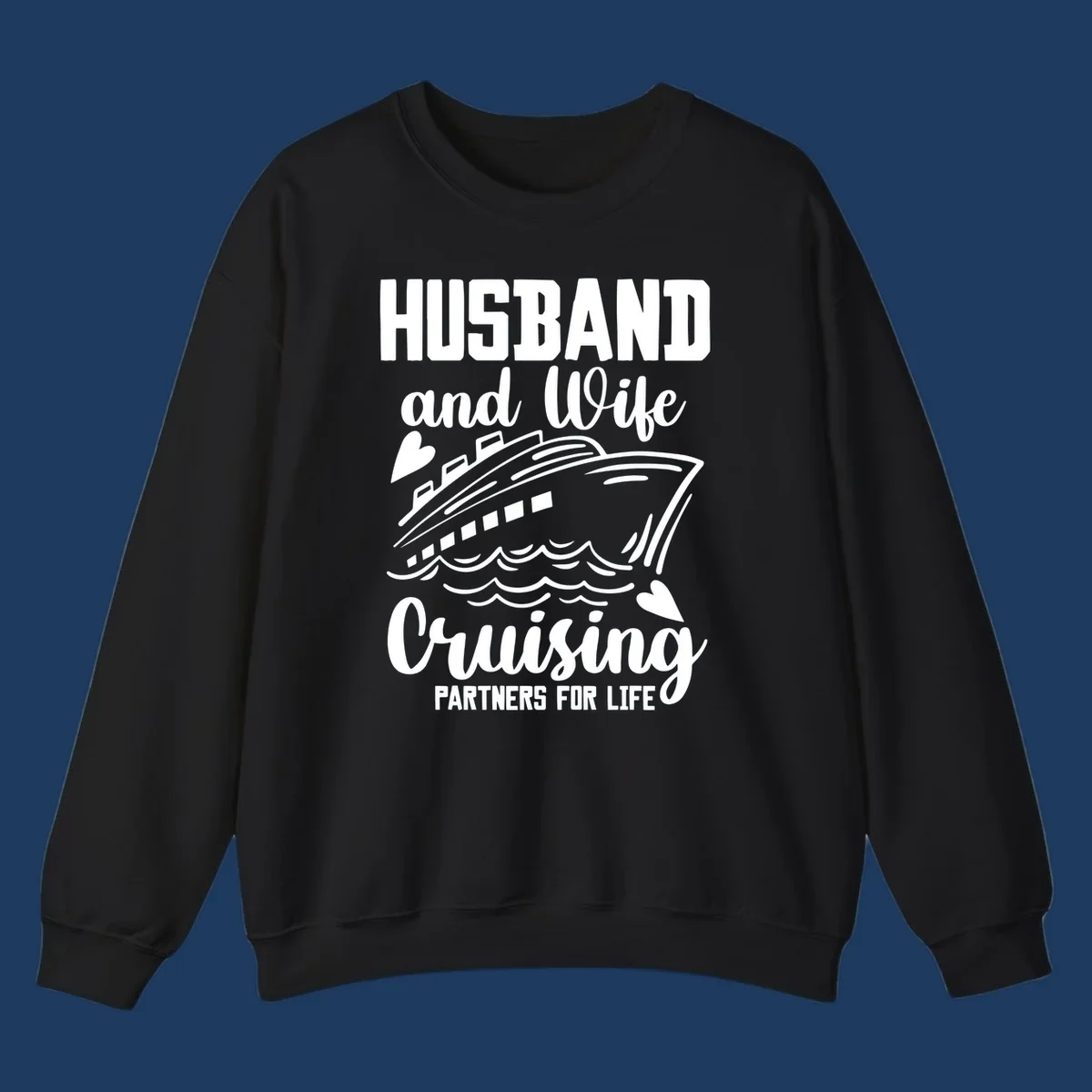 Husband and wife cruise partners design with ship and ocean waves illustration