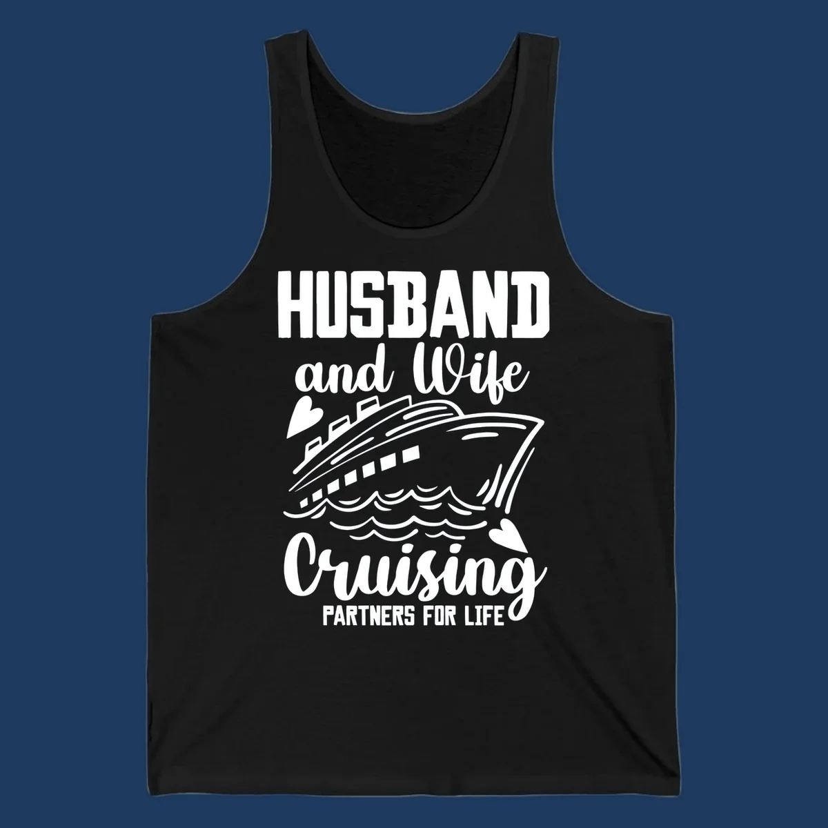 Husband and wife cruise partners design with ship and ocean waves illustration