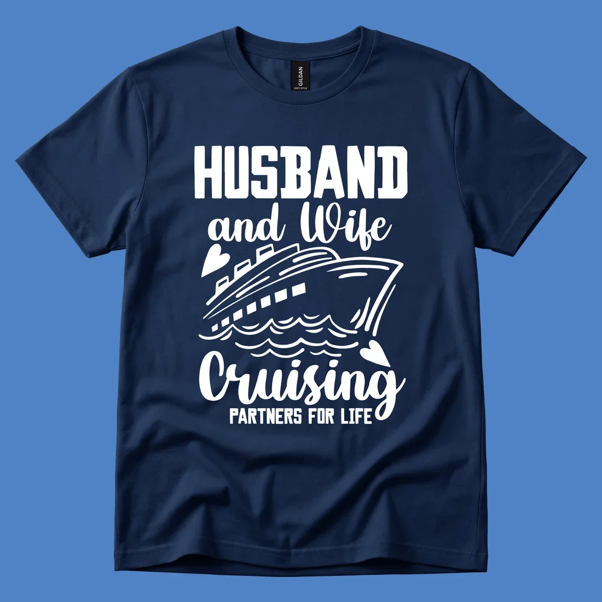 Husband and wife cruise partners design with ship and ocean waves illustration