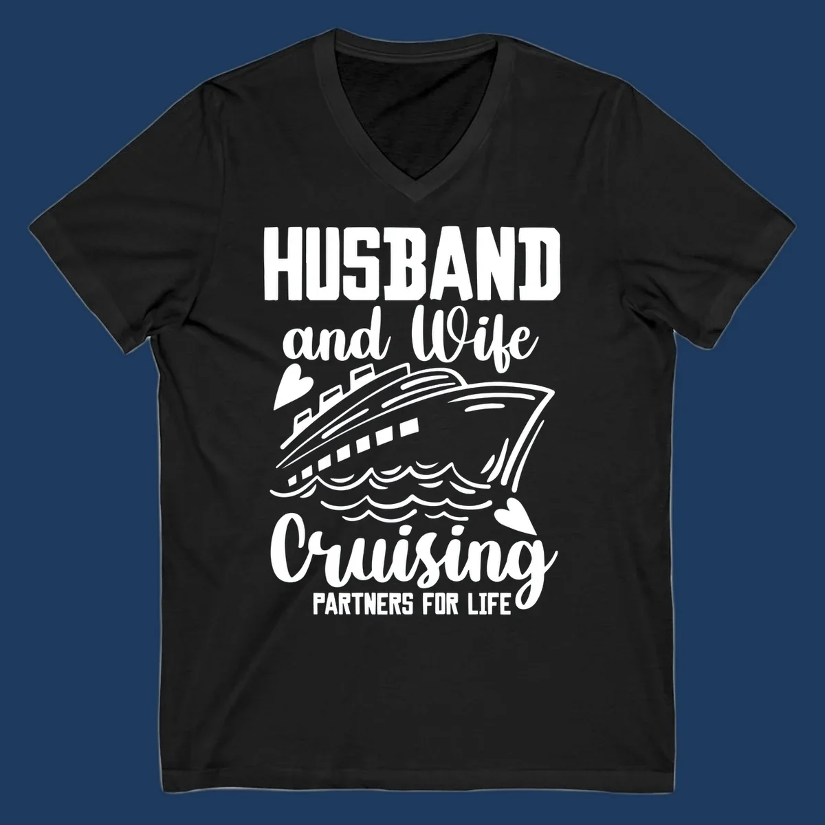 Husband and wife cruise partners design with ship and ocean waves illustration