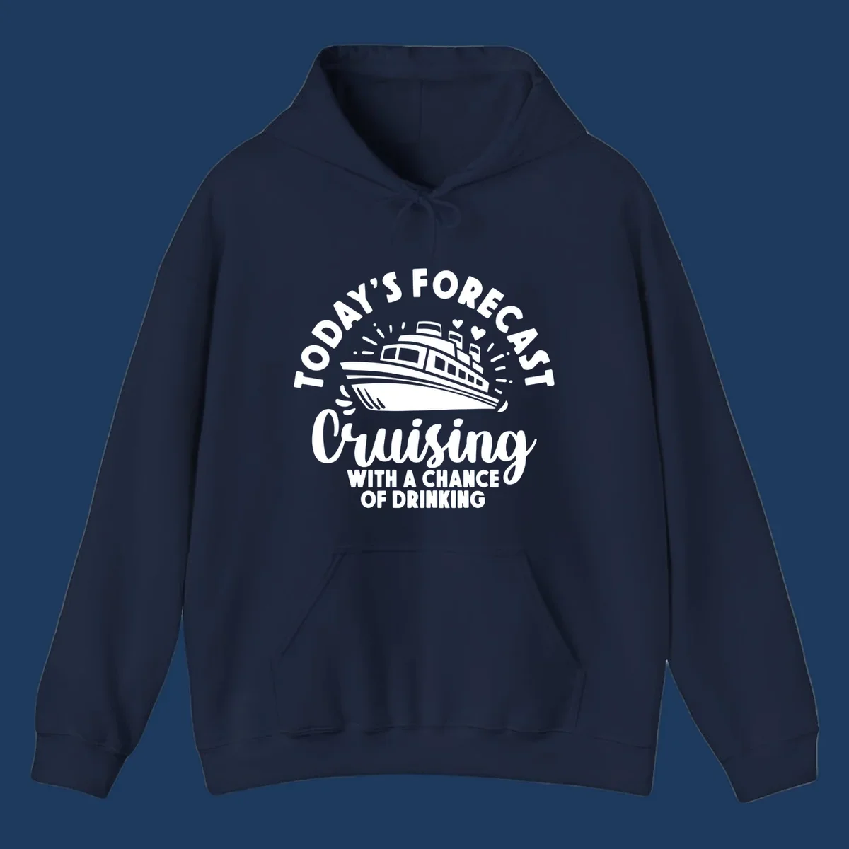 Forecast cruising with a chance of drinking design featuring a cruise ship with radiating lines and hearts, surrounded by text.