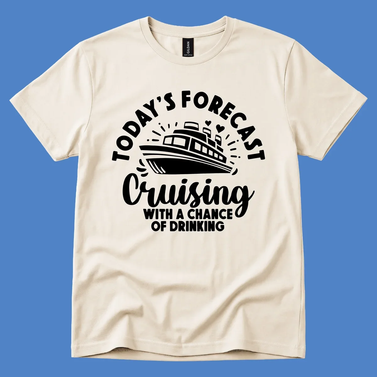 Forecast cruising with a chance of drinking design featuring a cruise ship with radiating lines and hearts, surrounded by text.