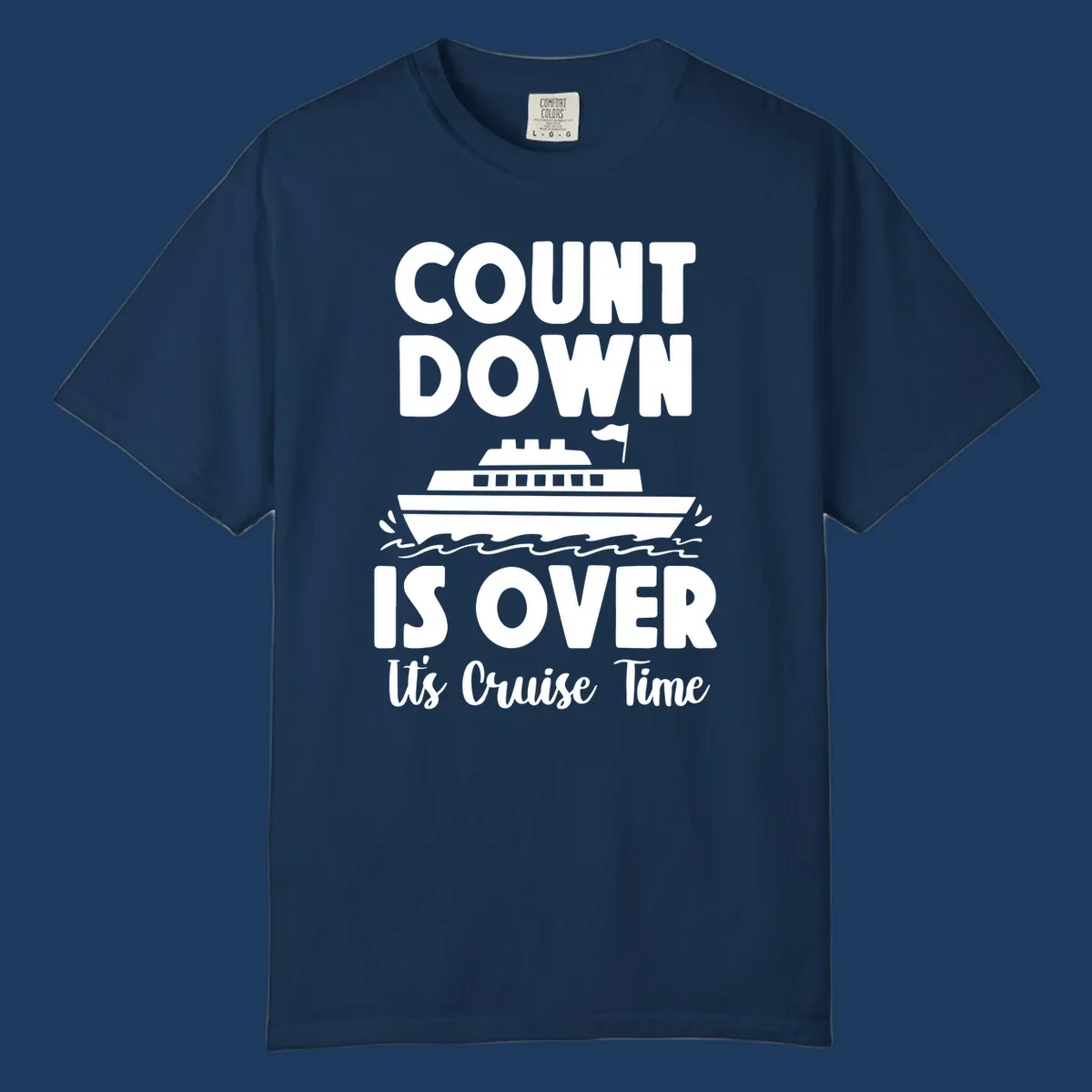Countdown is over it's cruise time design with bold text and cruise ship illustration with ocean waves