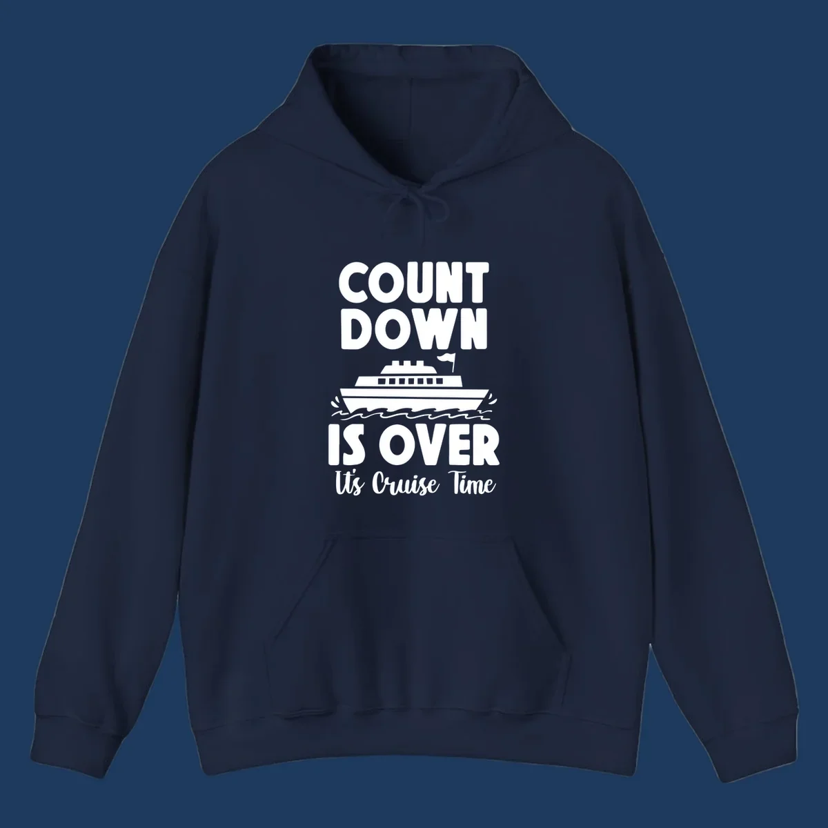 Countdown is over it's cruise time design with bold text and cruise ship illustration with ocean waves