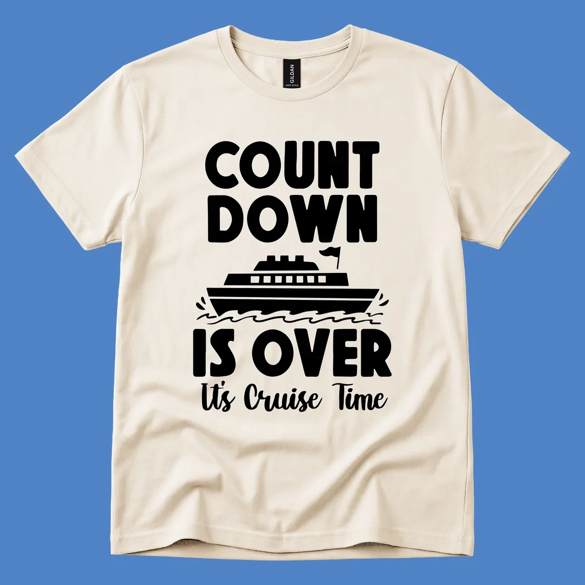 Countdown is over it's cruise time design with bold text and cruise ship illustration with ocean waves
