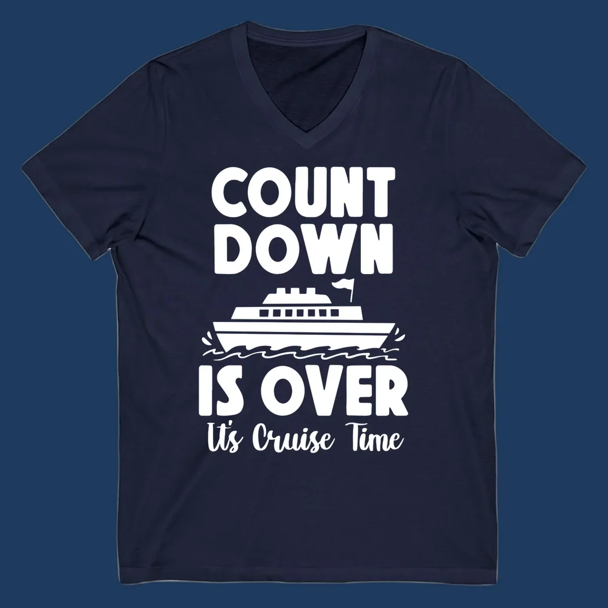 Countdown is over it's cruise time design with bold text and cruise ship illustration with ocean waves