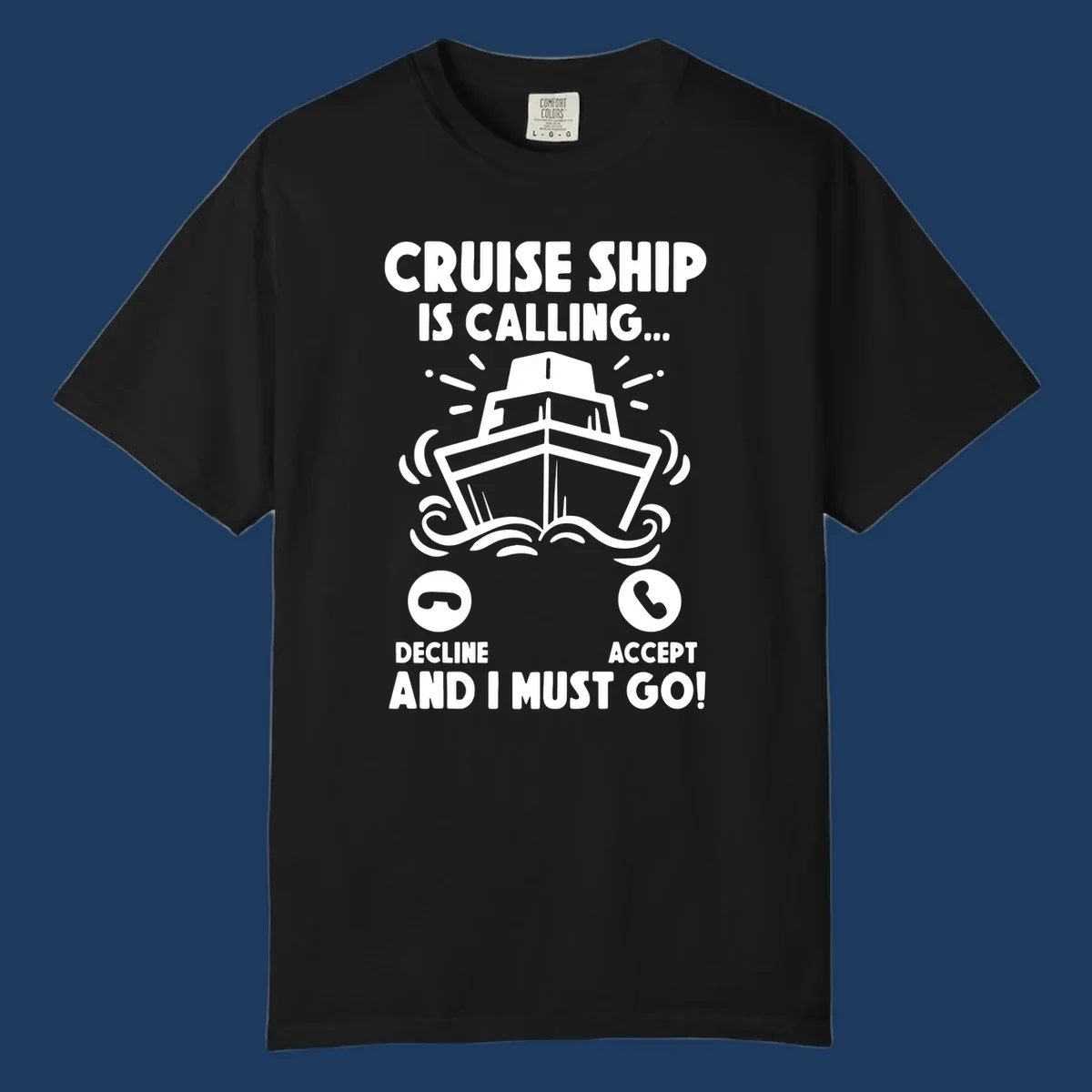Cruise ship is calling design: illustrated ship with waves and sunburst rays styled as incoming phone call notification