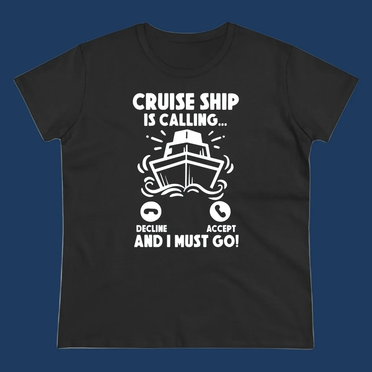 Cruise ship is calling design: illustrated ship with waves and sunburst rays styled as incoming phone call notification