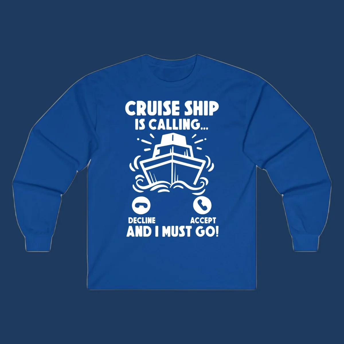 Cruise ship is calling design: illustrated ship with waves and sunburst rays styled as incoming phone call notification