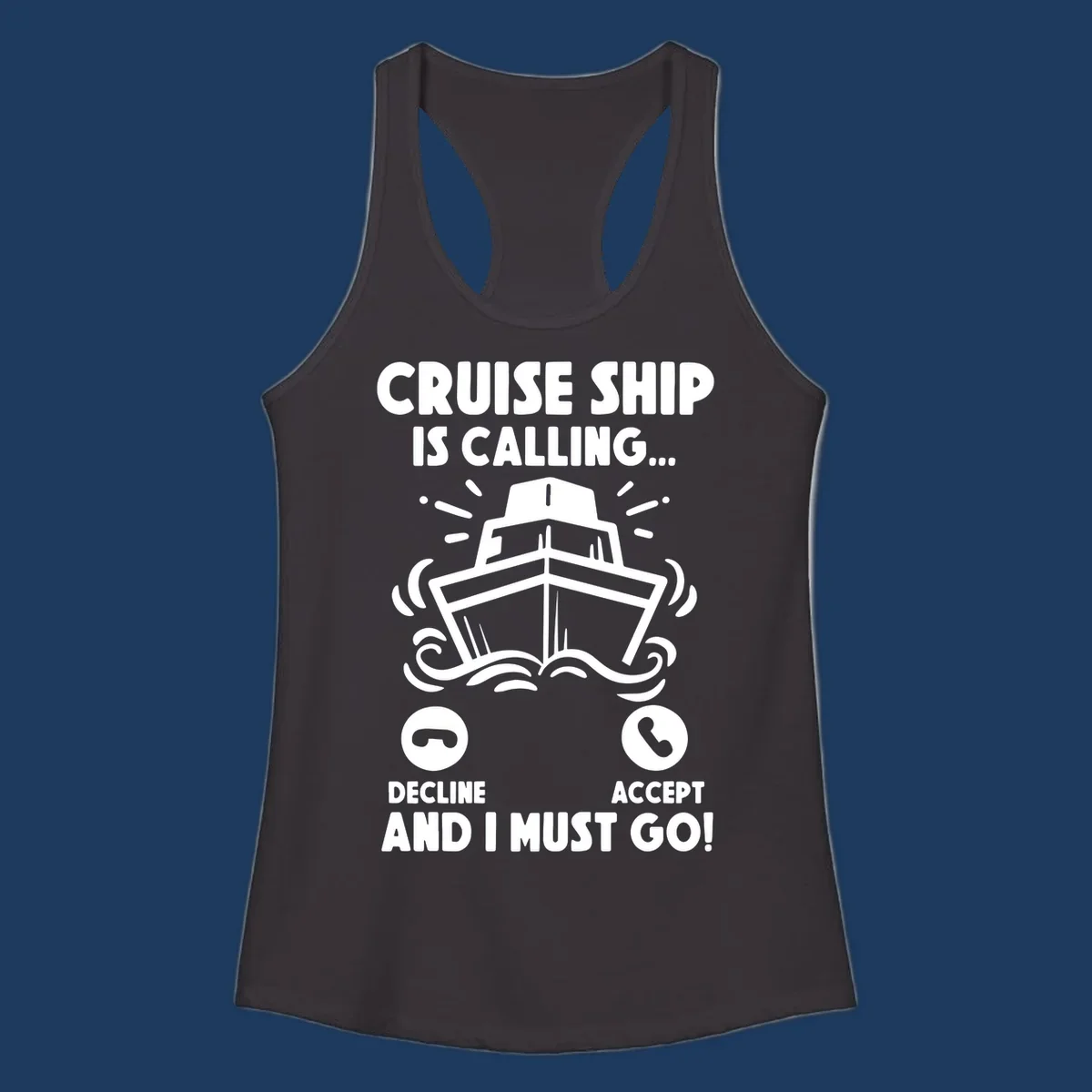 Cruise ship is calling design: illustrated ship with waves and sunburst rays styled as incoming phone call notification